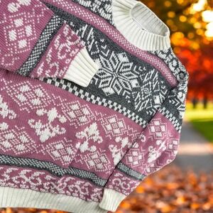 Vintage Cut 4 U Nordic Snowflake Fair Isle Knit Sweater Women XL Pink Mock Neck
